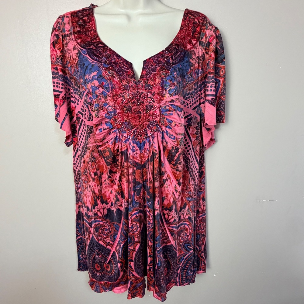 Live and Let Live Women Top 2X Pink Paisley Beaded Embroidered Boho V-Neck Tunic